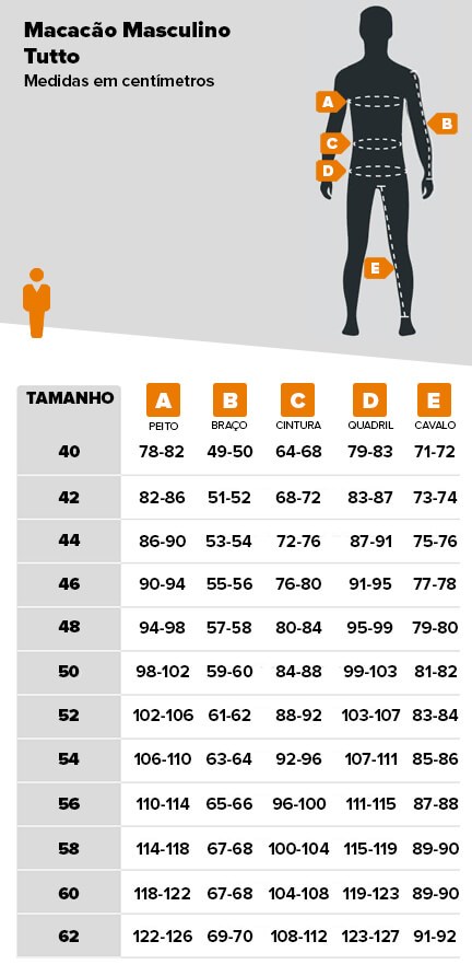 Tabela de medidas Macacão Tutto